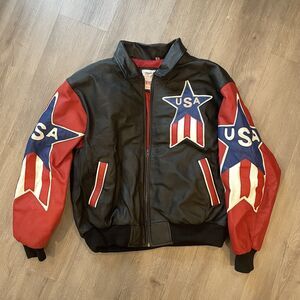 Vintage 90s Michael Hoban WhereMI Black Red Leather USA Flag Patriotic Jacket L